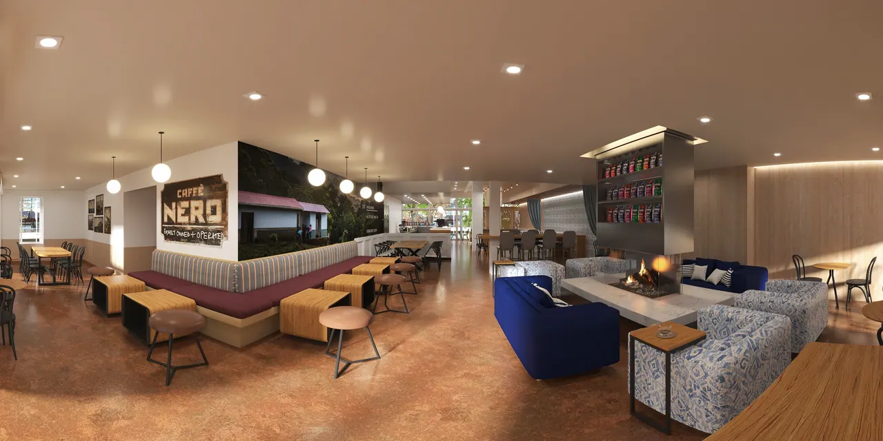 Café-Lounge mit Kamin — Ansicht, 3D-Visualisierung