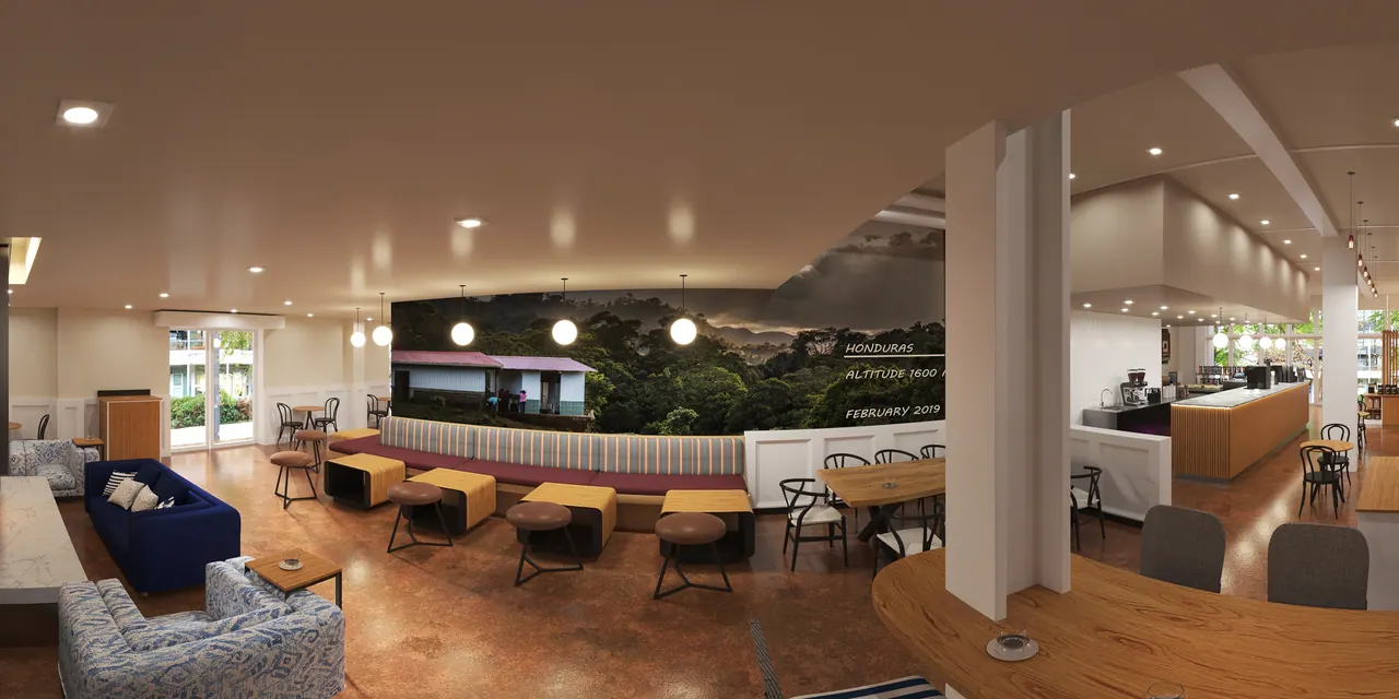Café-Lounge mit Kamin — Ansicht, 3D-Visualisierung