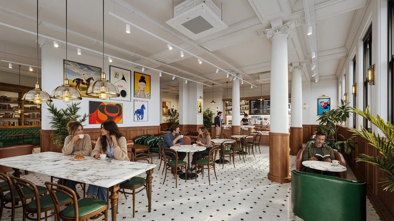 Café im Säulensaal — Ansicht, 3D-Visualisierung