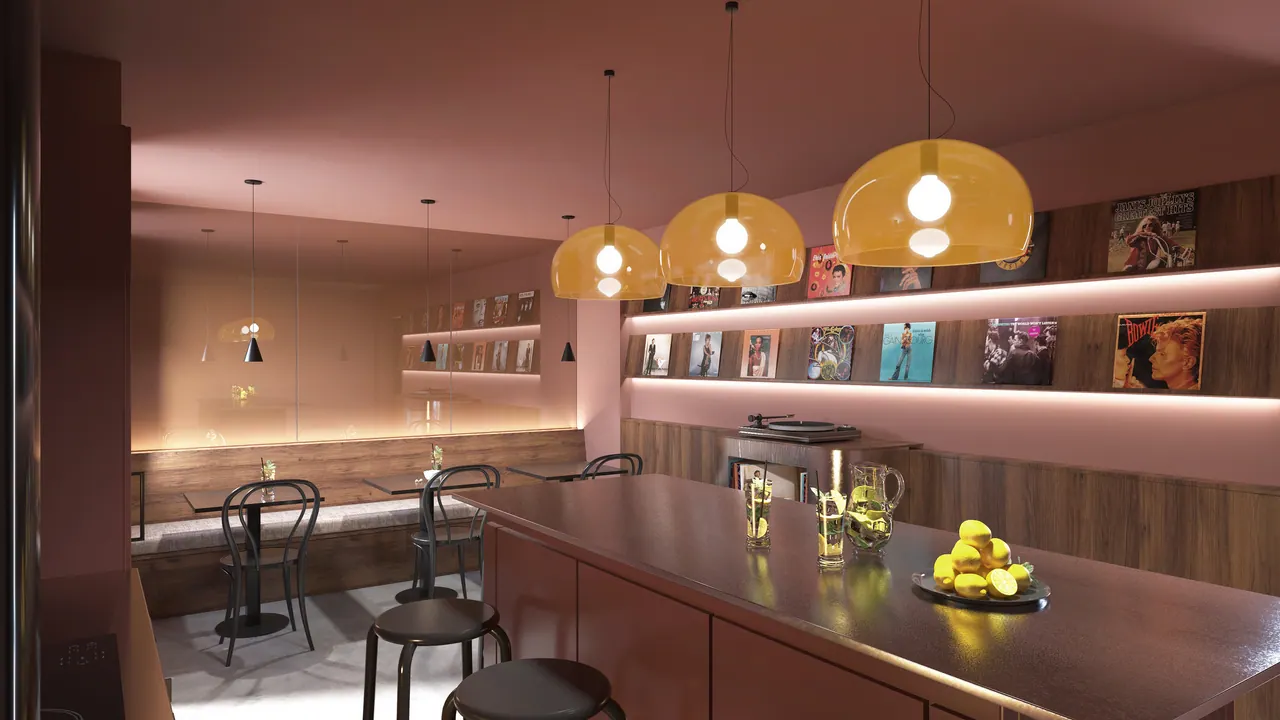 Hotel: Gemeinschaftsküche, Zimmer und Bad — Ansicht, 3D-Visualisierung