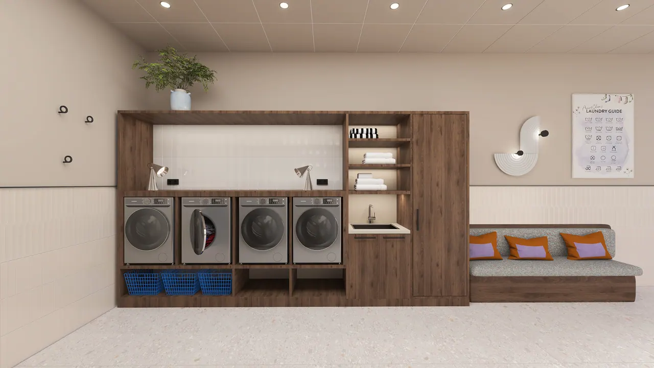 Waschraum für Hotelgäste — Ansicht, 3D-Visualisierung