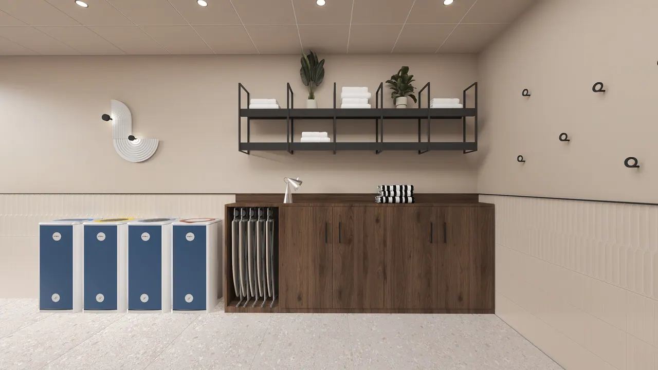 Waschraum für Hotelgäste — Ansicht, 3D-Visualisierung