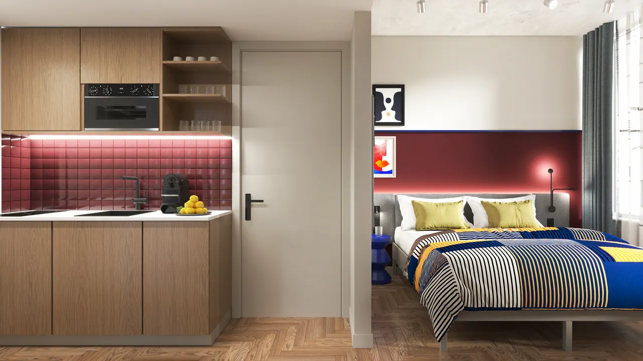 Hotelzimmer mit Kitchenette — Ansicht, 3D-Visualisierung