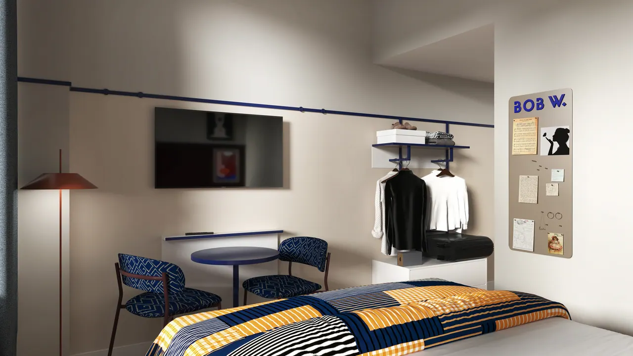 Hotelzimmer mit Kitchenette — Ansicht, 3D-Visualisierung