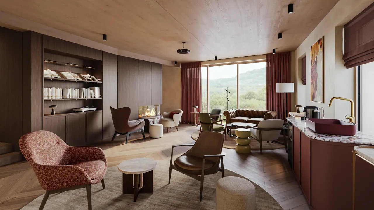 Lodge-Hotel — Wohn- und Loungebereich, 3D-Visualisierung