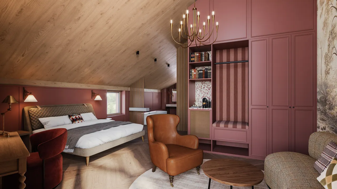 Lodge-Hotel — Schlafzimmer, 3D-Visualisierung