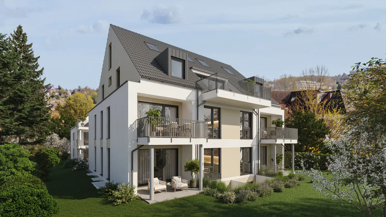 Mehrfamilienhaus mit Dachwohnung — Aussenansicht, 3D-Visualisierung