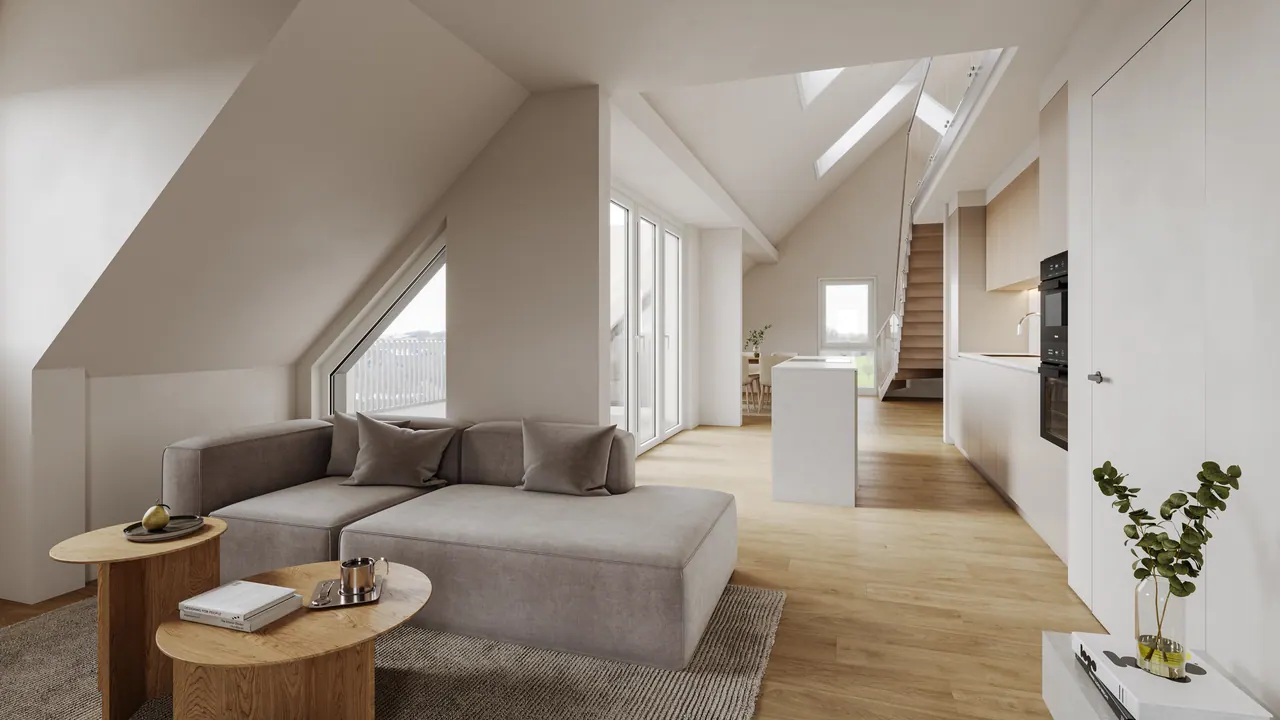 Mehrfamilienhaus mit Dachwohnung — Dachgeschoss-Wohnzimmer, 3D-Visualisierung