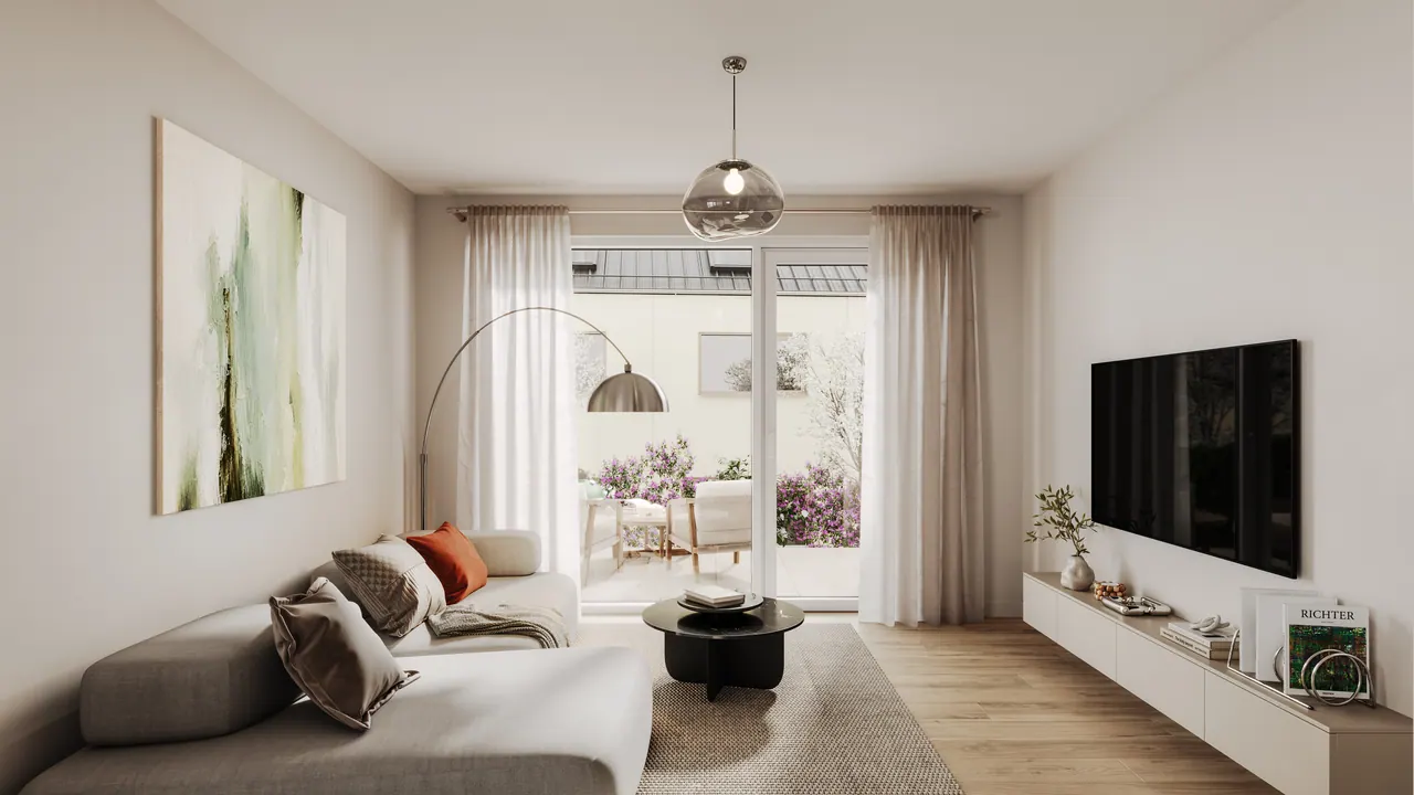 Reihenhäuser — Wohn- und Loungebereich, 3D-Visualisierung