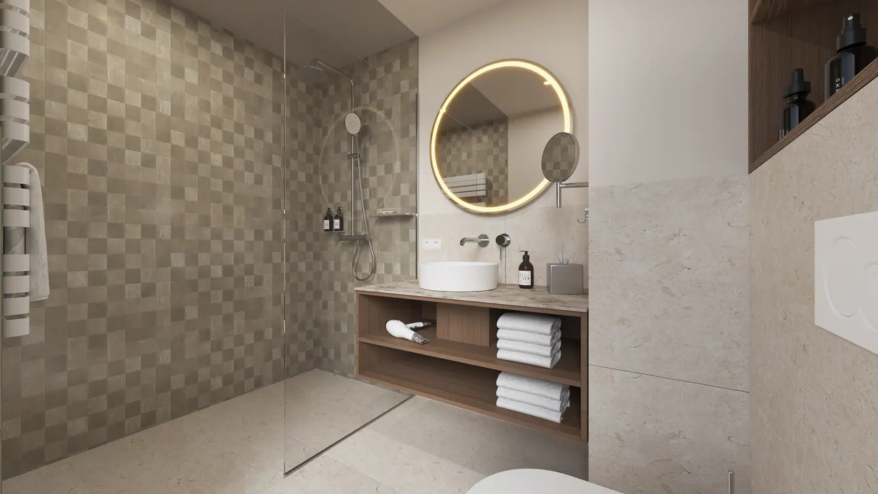 Serviced Apartment — Bad, 3D-Visualisierung