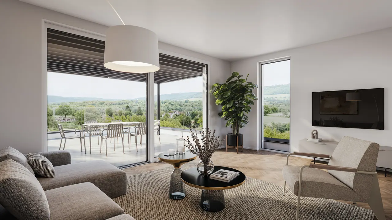 Terrassenhäuser mit Weitblick — Wohn- und Loungebereich, 3D-Visualisierung