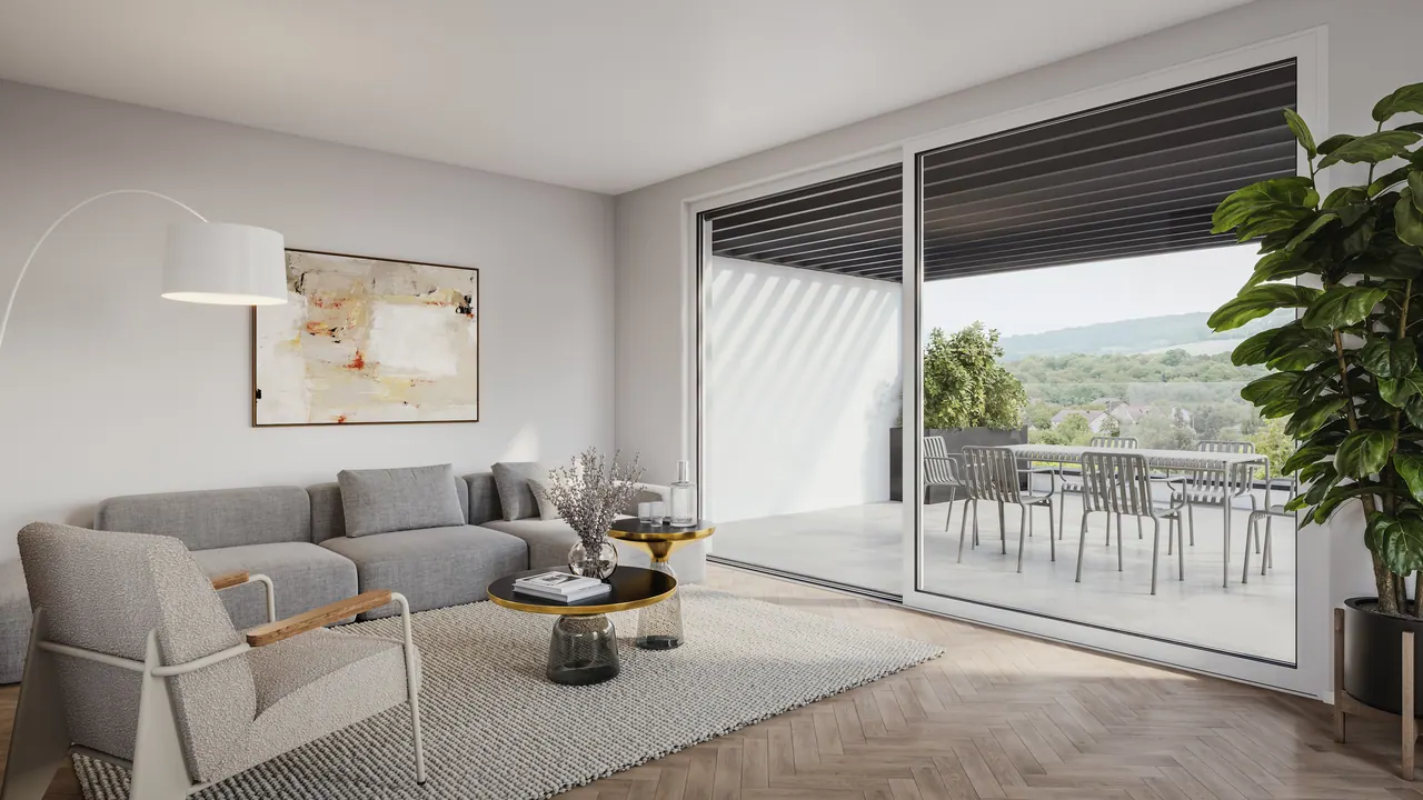 Terrassenhäuser mit Weitblick — Wohn- und Loungebereich, 3D-Visualisierung