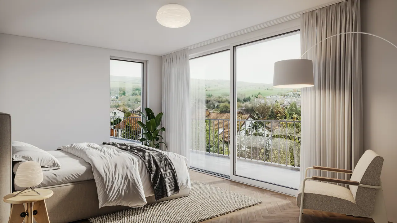 Terrassenhäuser mit Weitblick — Schlafzimmer, 3D-Visualisierung