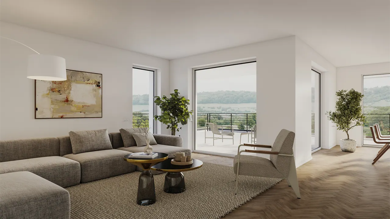 Villa am Hang — Wohn- und Loungebereich, 3D-Visualisierung