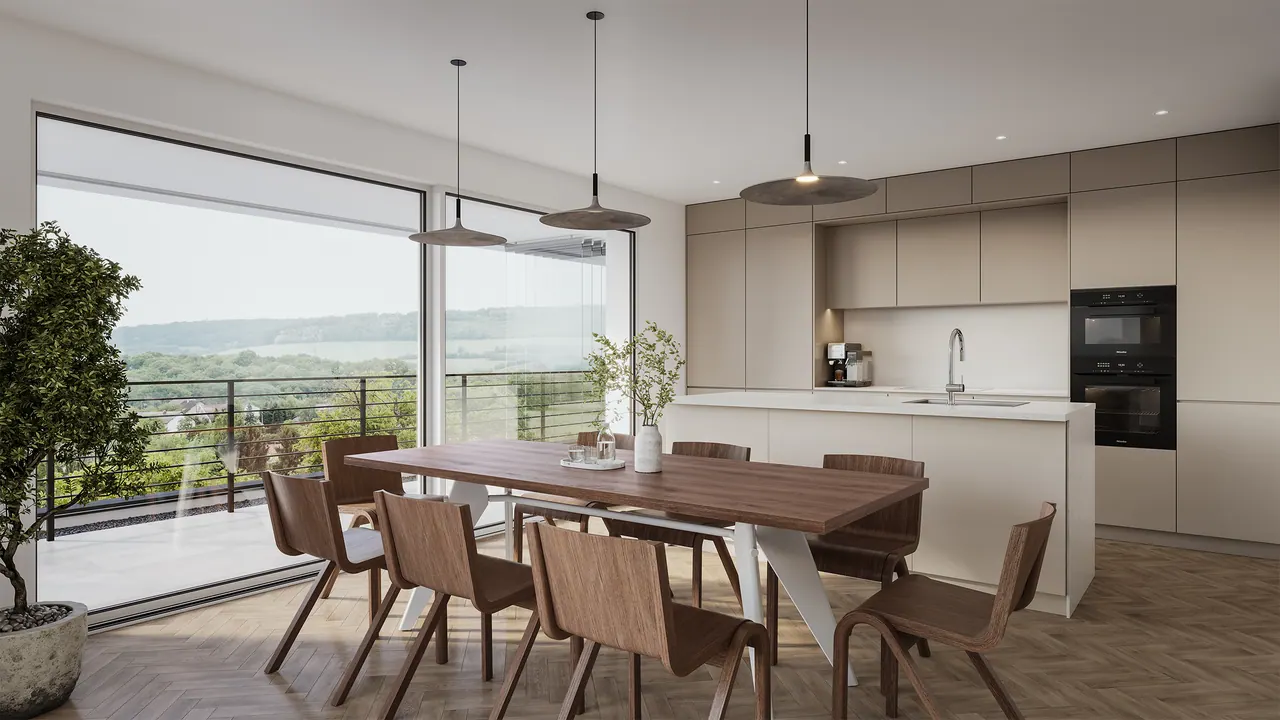 Villa am Hang — Essbereich, 3D-Visualisierung
