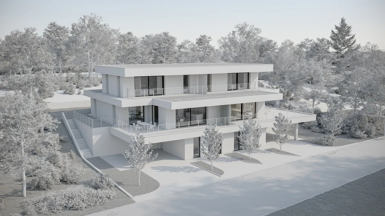 Villa am Hang — Aussenansicht, 3D-Visualisierung